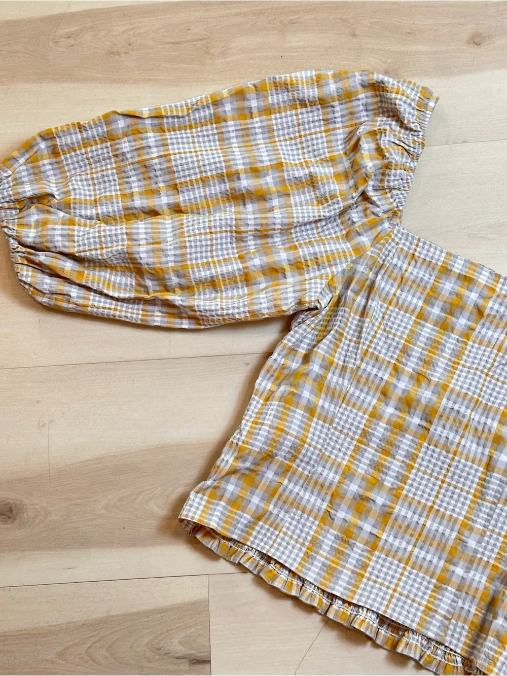 Anthropologie Maeve Plaid Square-Neck Blouse Sz M puff sleeves Casual Travel